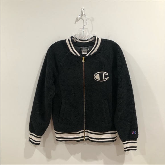Champion Sherpa Black Bomber Jacket Black White Size Small - Picture 2 of 5